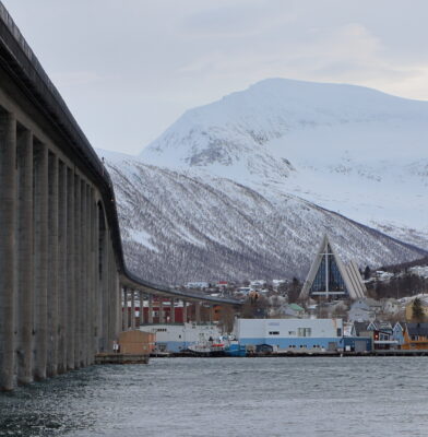 View of the Arctic Cathedral during a Tromsø fjord boat tour