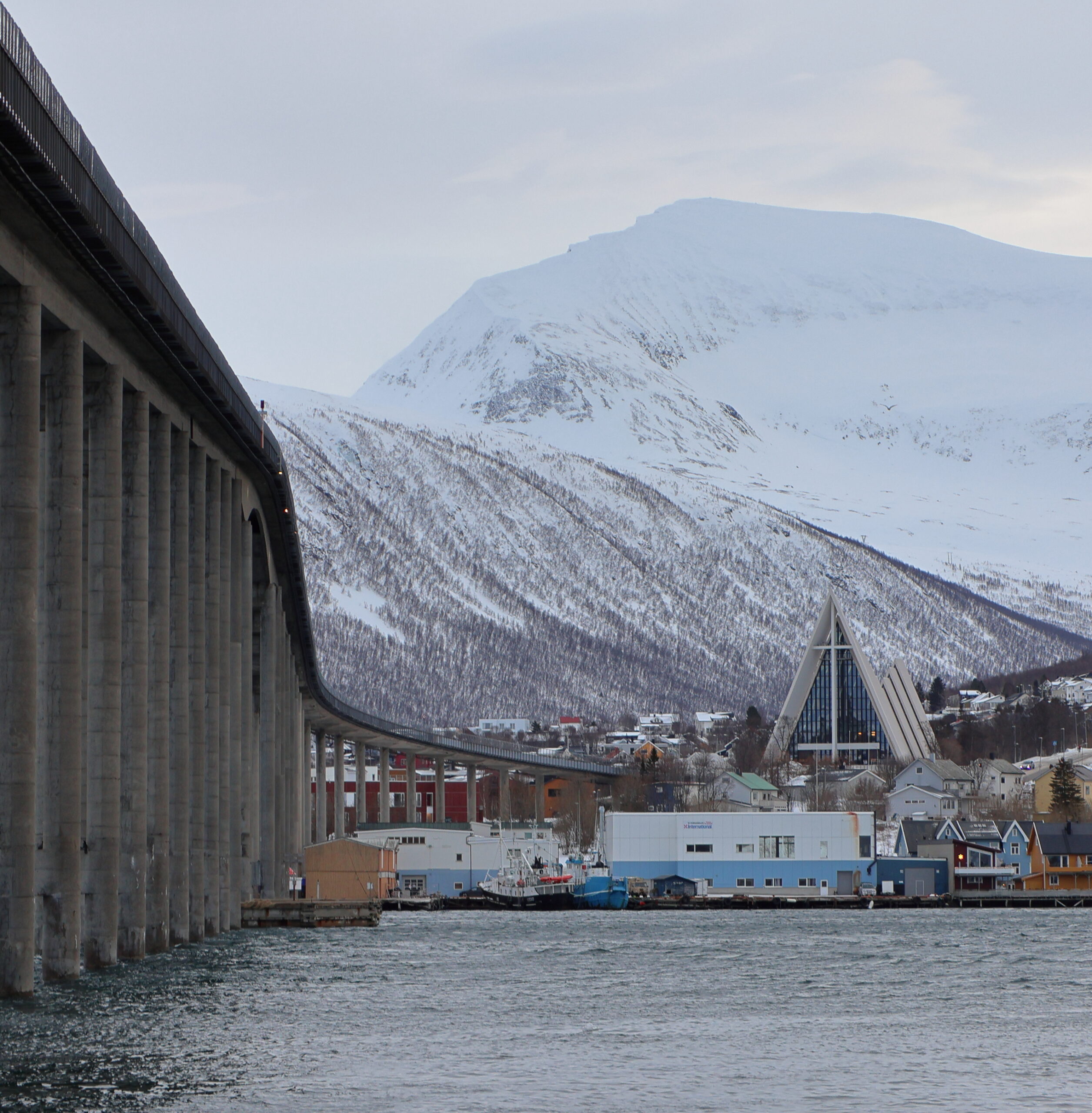 View of the Arctic Cathedral during a Tromsø fjord boat tour
