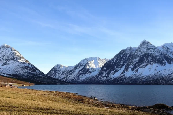 Snow-covered peaks of the Lyngen Alps rising above a deep fjord and grassy shoreline in Arctic Norway