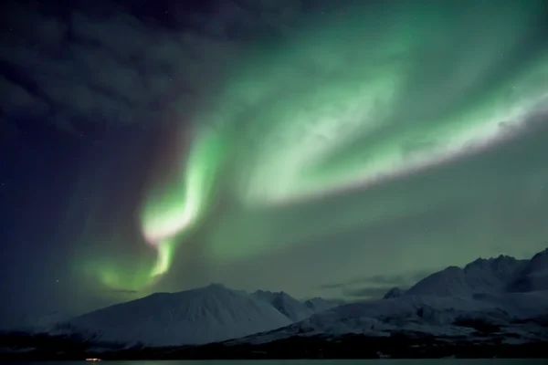 Green Northern Lights stretching across the night sky above snowy Arctic mountains near Lyngen Alps