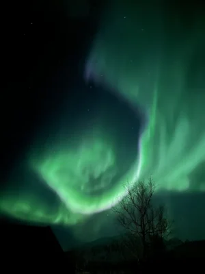 Rotating Northern lights rushing over dark skies near Tromsø
