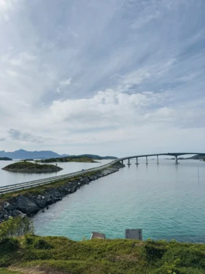 Scenic view of the Sommarøy bridge and turquoise waters near Tromsø, Norway.