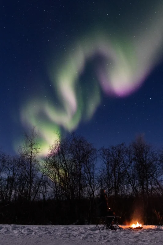 Aurora borealis above a campfire during a private Northern Lights tour in Tromsø