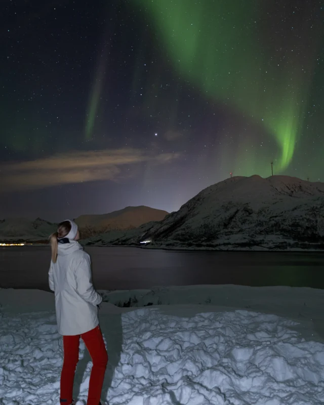 Guest watching the Northern Lights during a private Northern Lights tour in Tromsø by the fjord