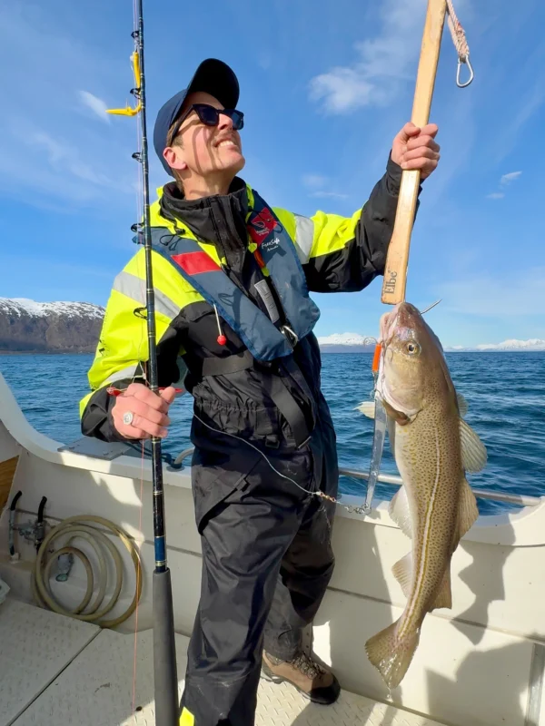 Guest holding large cod during private fishing tour Tromsø on Arctic fjord waters